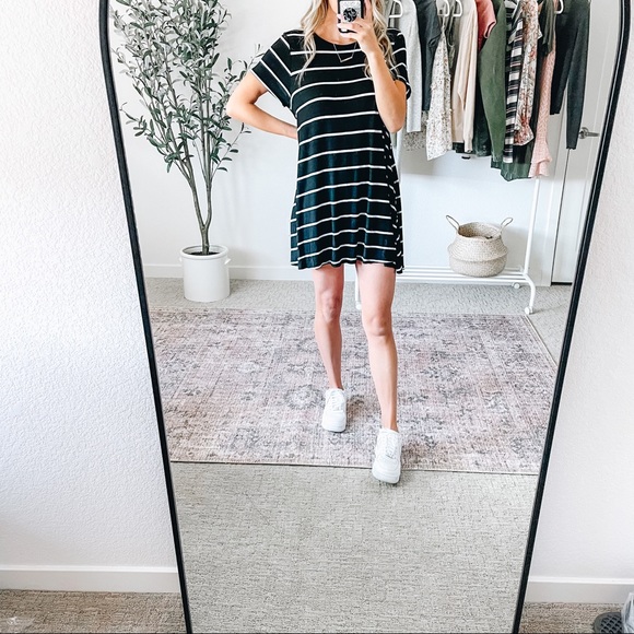 Black & White Striped Short Sleeve T-shirt Dress - Picture 9 of 10